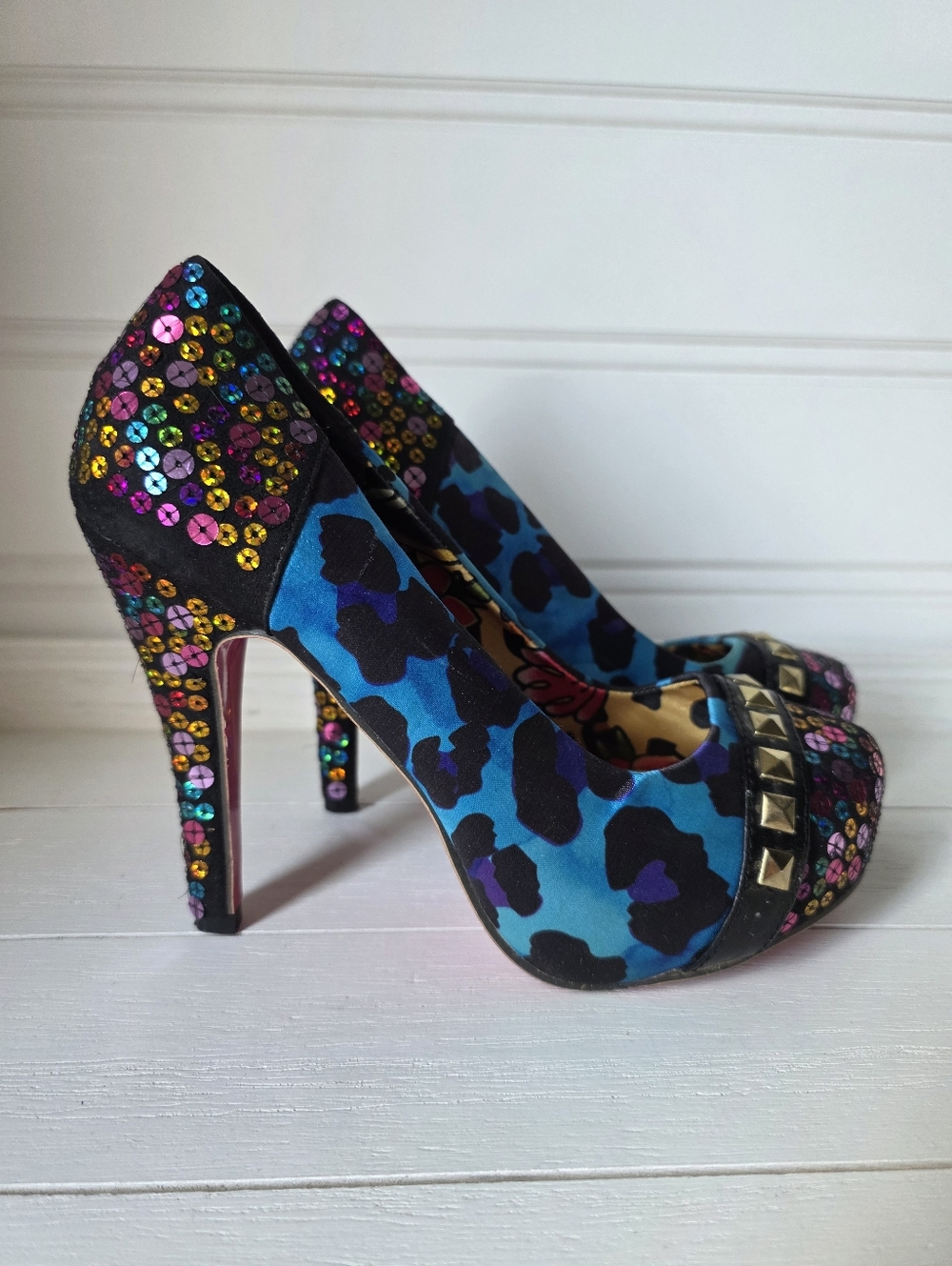 Iron Fist X Marks the Spot Sequin Blue Leopard Print Platform Heels Size 7
